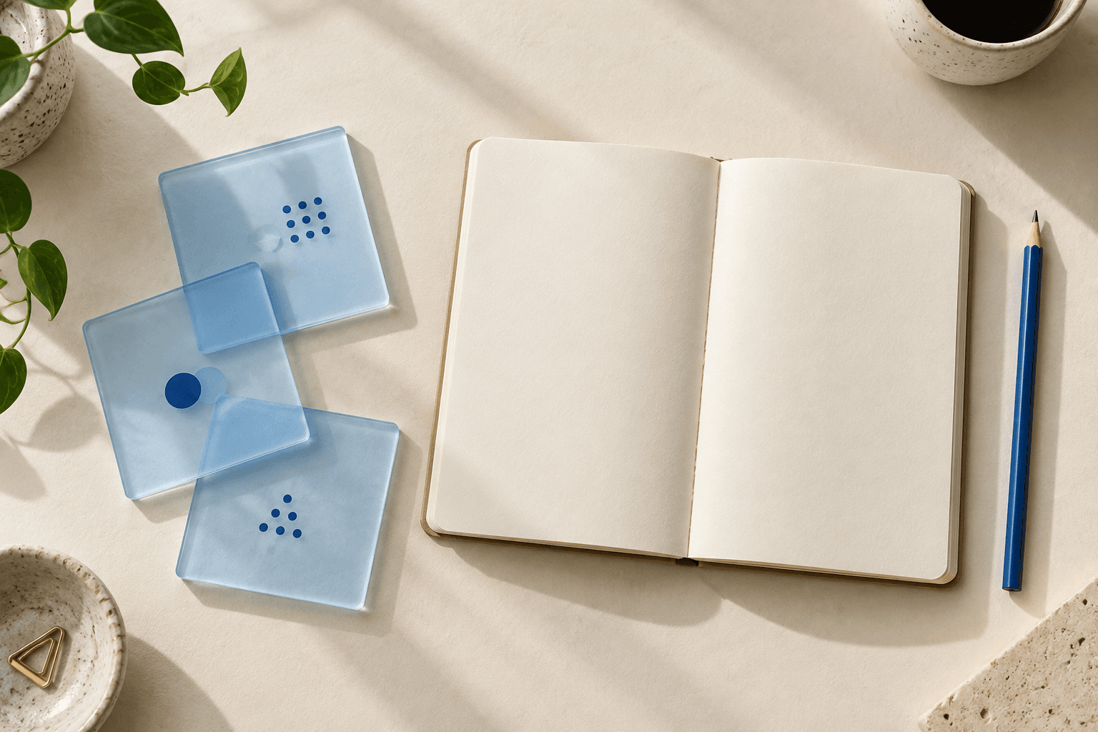 A blank notebook and translucent blue tiles