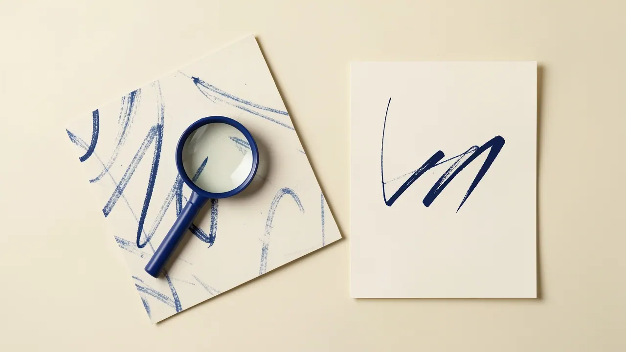 A cobalt magnifying glass above a faded paper page beside a clean page with blue marks.