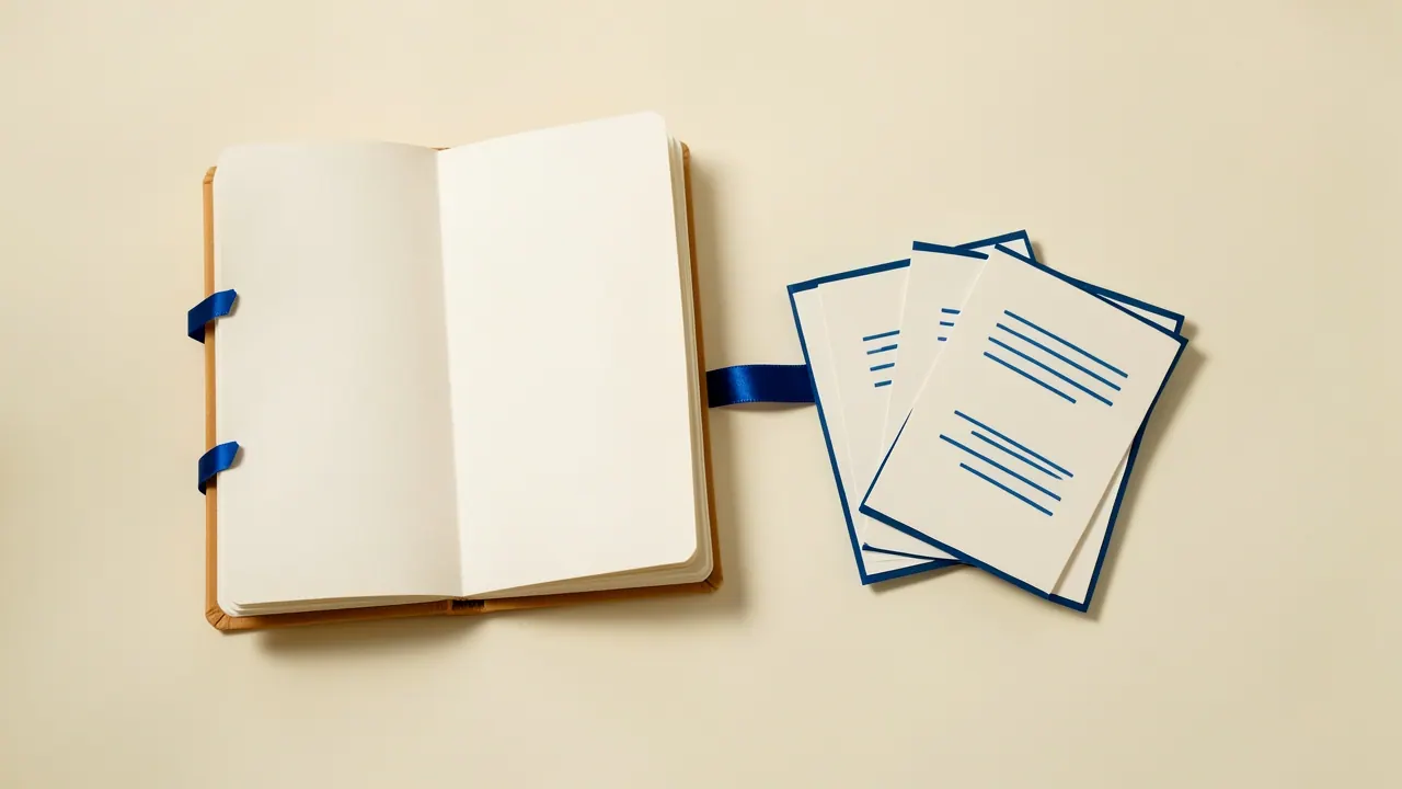 An open ivory notebook with cobalt tabs beside a fan of ivory index cards and a blue ribbon.