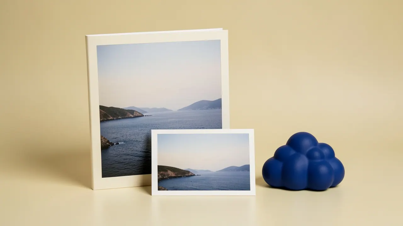 Two different-sized landscape photo prints beside a cobalt cloud sculpture.