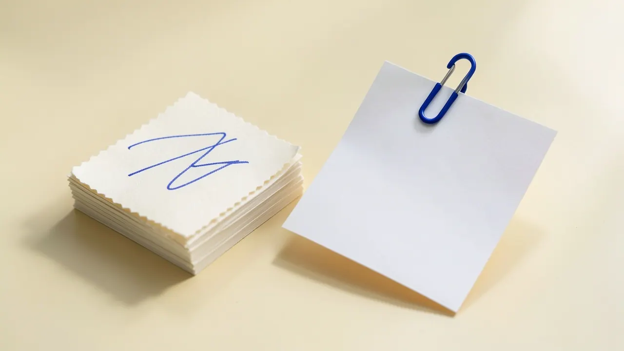 An ivory paper stack beside a separate blank sheet with a cobalt paper clip.