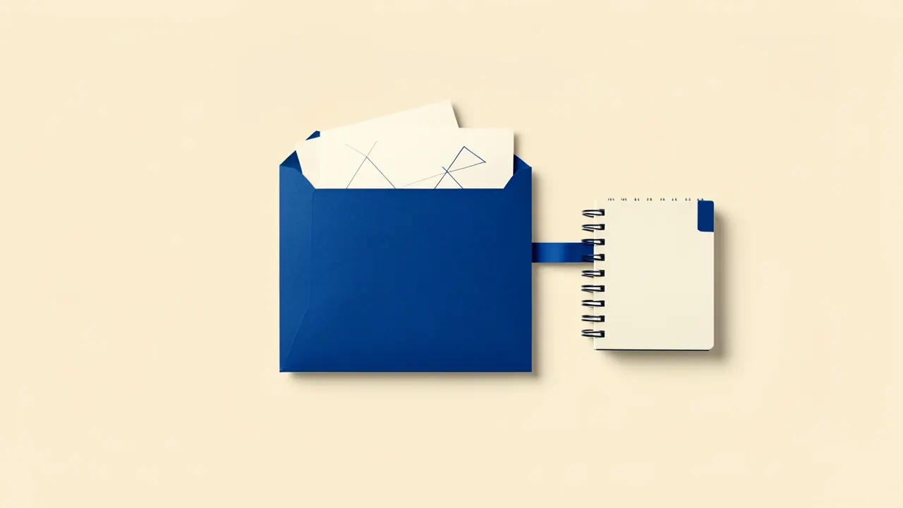 A blue folder holding reference sheets beside a small weekly planner on an ivory background.