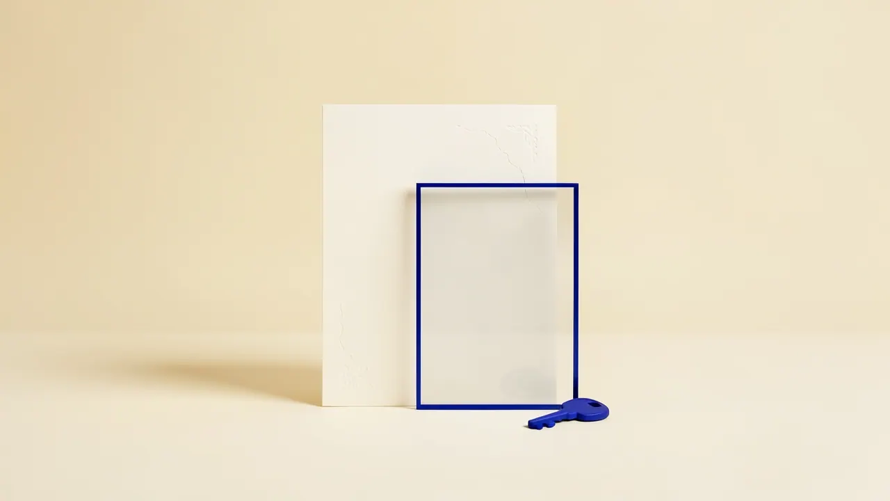An ivory document behind a clear cobalt-framed viewing panel, with a small blue key beside it.