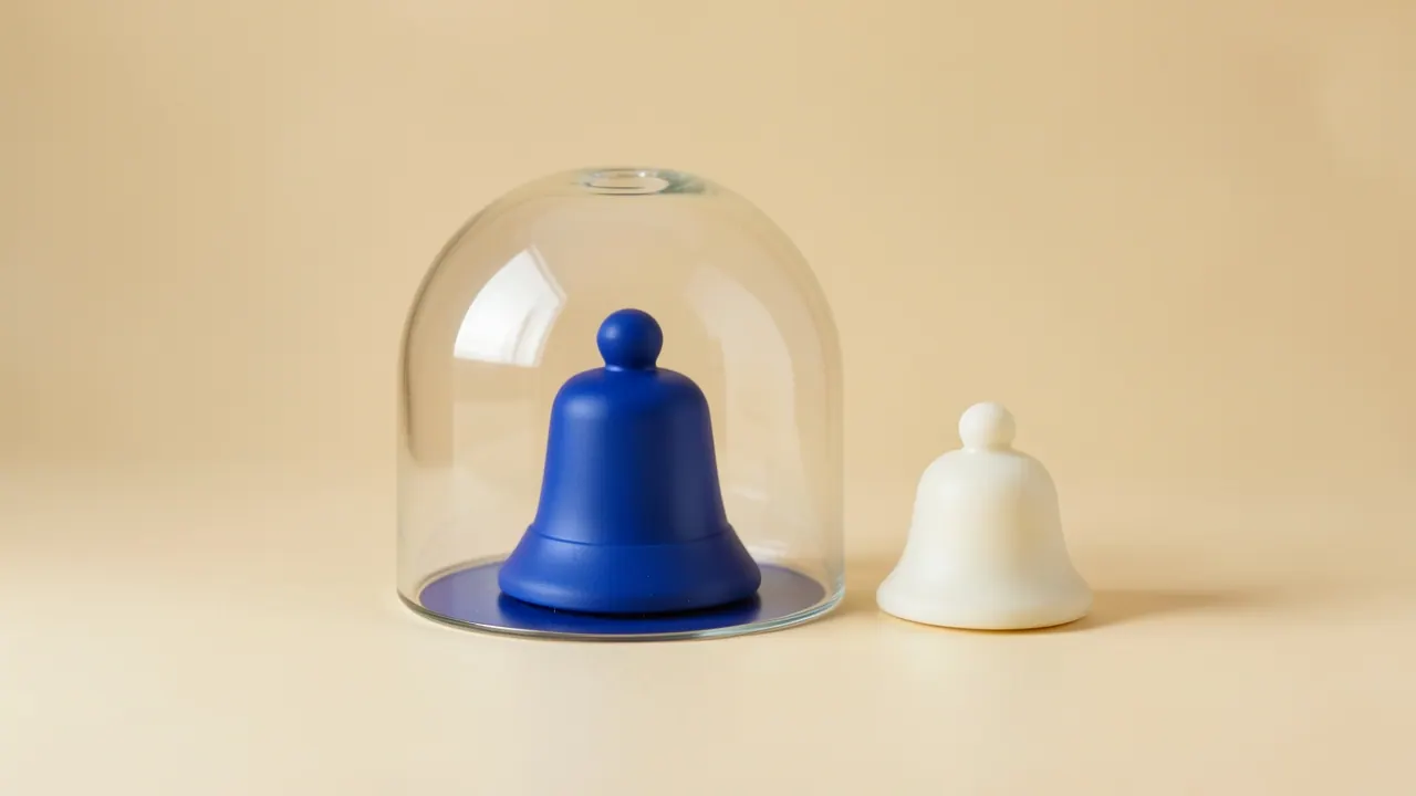 A cobalt bell beneath a clear glass dome, with an uncovered ivory bell beside it.