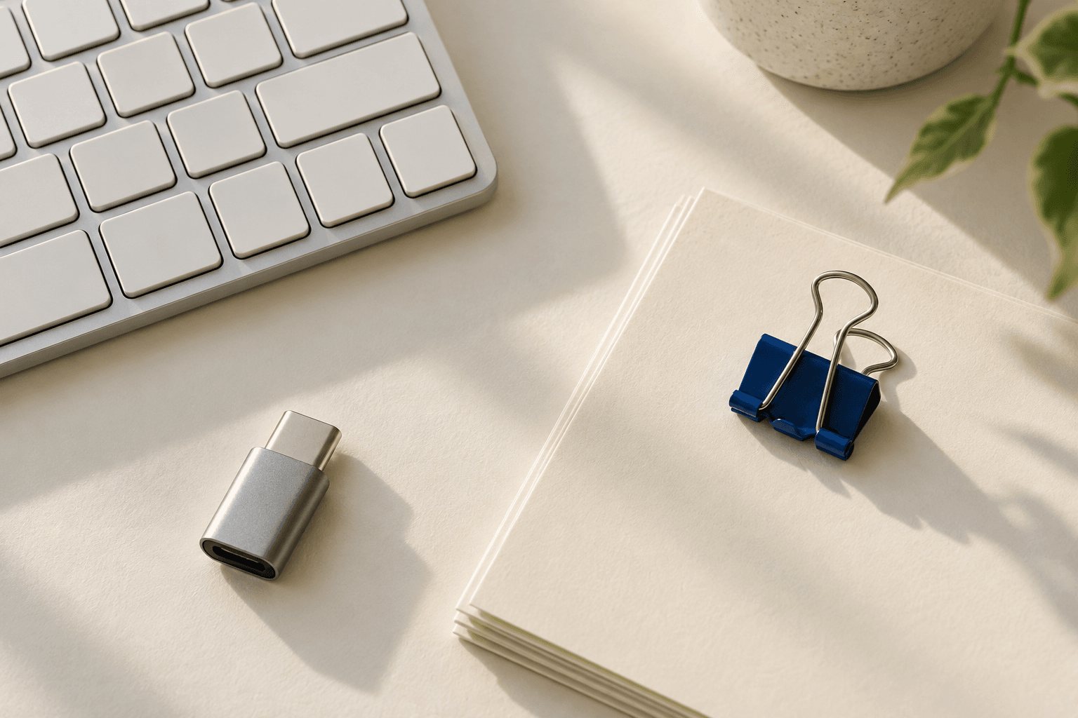 A keyboard, paper, and a blue binder clip